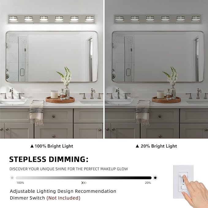 6-Light Nickel Bathroom Vanity Light Over Mirror, LED Vanity Lighting Fixtures, Modern Bathroom Wall Light Fixtures with 360°Rotating Lamp Head (Cool White 5500K)