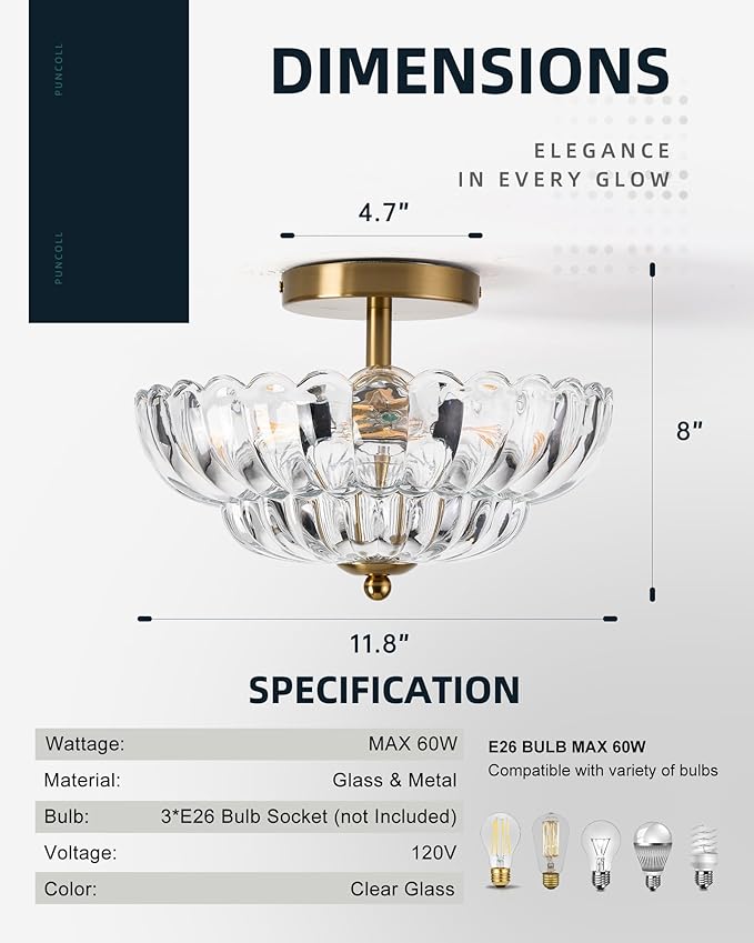 11.8 inch Semi Flush Mount Ceiling Light, 3-Light Close to Ceiling Light Fixtures with Flower Glass, Vintage Ceiling Lights for Hallway Living Room Kitchen Bedroom Bathroom, Clear