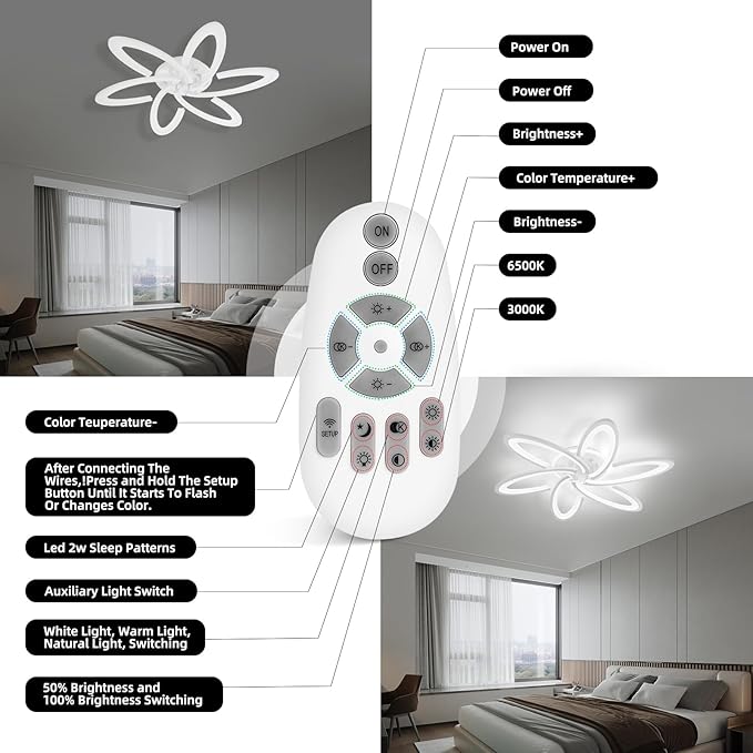 Modern LED Light, 6+1 Rings 93W Dimmable Fixture 29.5" 3000K-6500K Flush Mount White Flower Ceiling Lamp with Remote for Living Room, Bedroom, Kitchen