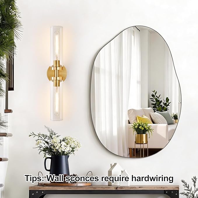 Indoi Brushed Gold Wall Sconces, Hardwired Bathroom Sconces Wall Lighting with Clear Glass, Modern Sconces Wall Light fixtures for Bathroom Mirror Living Room Hallway Bedroom