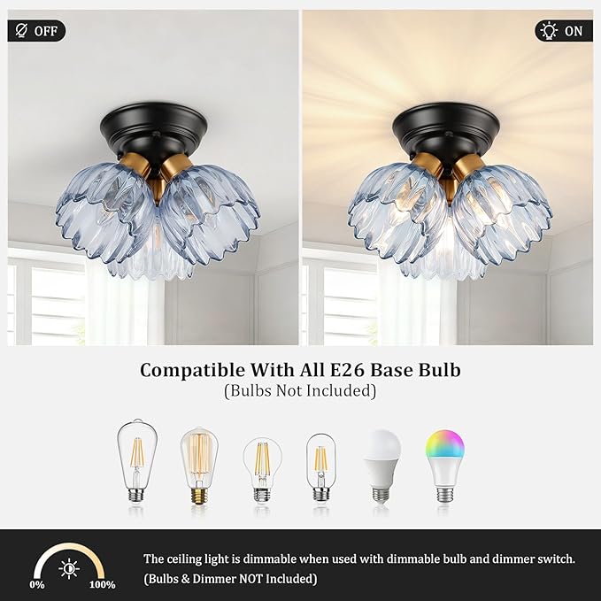 TALOYA Semi Flush Mount Ceiling Light,3-Light Close to Ceiling Light Fixtures with Blue Tulip Glass Shades Modern Farmhouse Lighting Fixtures for Hallway Corridor Kitchen Bathroom Bedroom Passway