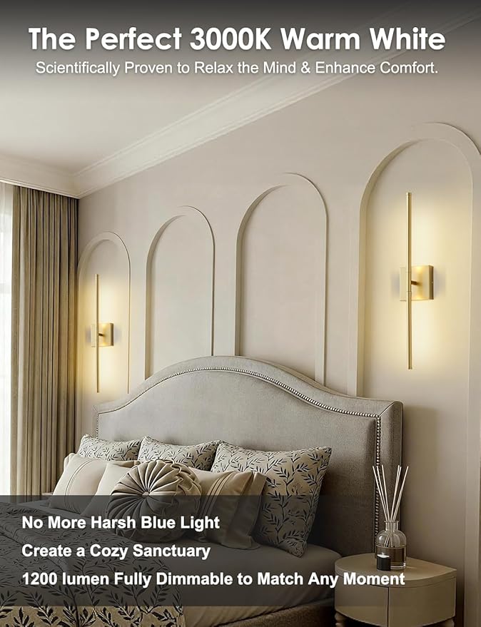 KARTOOSH 24.4 Inch Hardwired Wall Sconces Set of Two, 3000K Warm White Dimmable Modern Wall Sconces, 350° Rotate LED Light Fixtures Wall Lamp for Bathroom Living Room Bedroom Bedside, Gold