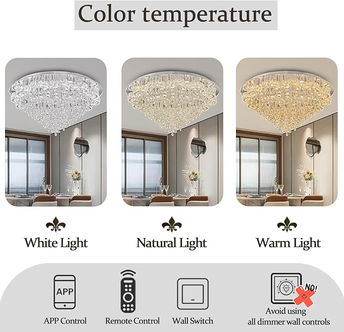 Flashing God Dia 48“ Modern Crystal Chandelier Living Room Large Chandeliers Dinning Room Crystal Raindrop Chandelier Flush Mount Ceiling Light LED Dimmable 2700k 4500k 6000k