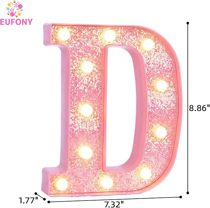Pink Marquee Light Up Letters, Glitter Alphabet LED Letter Lights for Pink Birthday Party Decorations, Battery Operated Letter Sign for Girls Room Vanity Table Decor, Warm White Lights Letter D