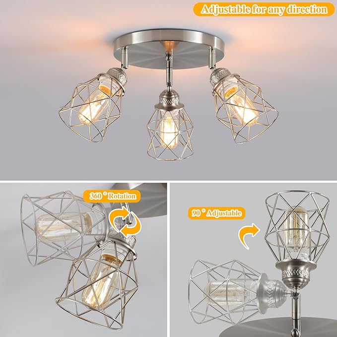 Kitchen Light Fixtures Ceiling Mount, Adjustable Semi Flush Mount Ceiling Light, Multi-Directional Lamp for Kitchen, Hallway, Dining Room, Farmhouse with E26 Base (Brushed Nickel)