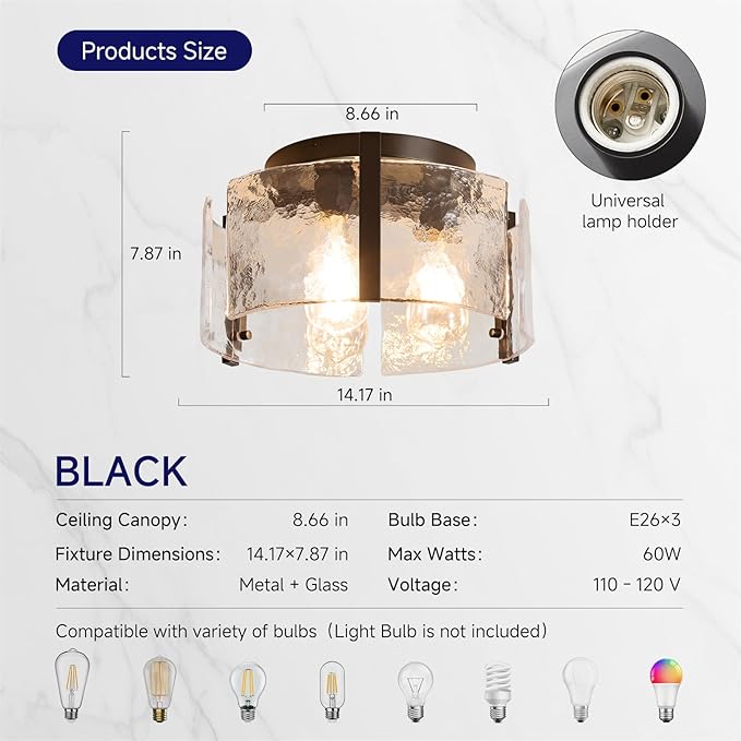 Black Semi Flush Mount Ceiling Light,3 Bulb Drum Glass Ceiling Light Fixture Mid Century Modern Bedroom Lighting Vintage Lighting for Kitchen Living,Dining Room Hallway Foyer Entryway Bathroom Laundry