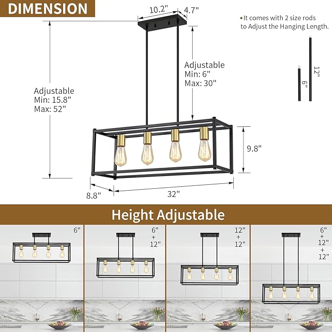Yusist 4-Light Dining Room Light Fixture,Black Farmhouse Kitchen Island Lighting,Rustic Pendant Light Over Table with Adjustable Rods,Modern Linear Chandeliers for Dining Room Kitchen Island