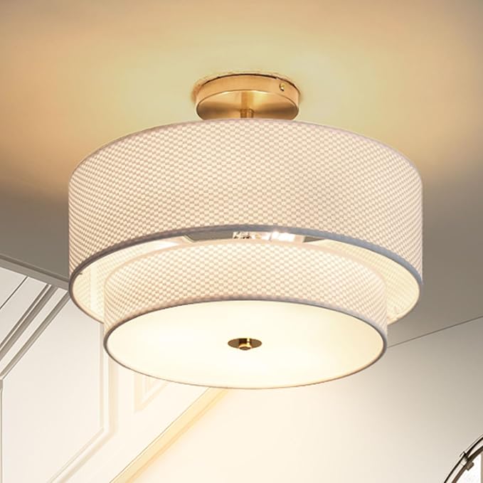 Fabric Semi Flush Mount Lighting Fixture, Modern Semi Chandeliers, 2 Tier Drum Ceiling Light, White Fabric Shade 3-Light for Kitchen Island Bedroom Hallway Foyer, E26, W16xH14