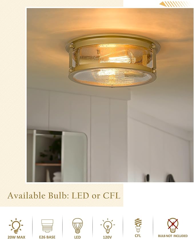 Flush Mount Ceiling Light Fixture, 2 - Lights Farmhouse Ceiling Light, Industrial Seeded Glass Light Fixtures with Metal Cage for Hallway Porch Corridor Kitchen Bathroom Bedroom Passway - Gold