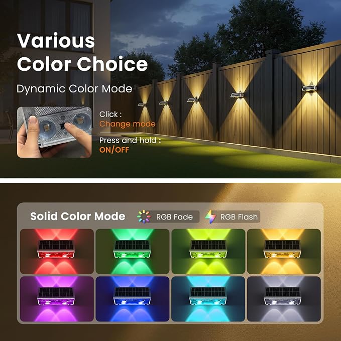 JOFIOS Solar Fence Lights Outdoor,12Pack,Warm White+RGB 9 Colors,1200mAh,Up and Down Fence Lights Solar Powered Waterproof,Solar Wall Lights for Fence,Backyard,Porch（White）