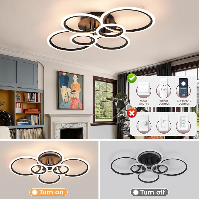Modern Ceiling Light, 6 Rings Black Dimmable Flush Mount Ceiling Light with Remote, Acrylic Close to Ceiling Lighting Fixture for Living Room Dining Room Bedroom Kitchen (Black, 6 Heads)