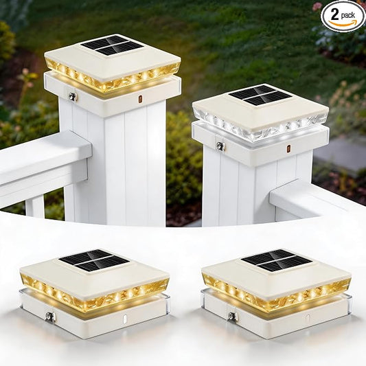 Solar Post Cap Lights 2 Pack, IP65 Waterproof Outdoor Fence Post Solar Lights for 3.5x3.5 & 4x4 Wood/Vinyl Posts, 10-12 Hours Upgraded Warm/Cool White Glow for Garden/Patio/Porch - Ivory White