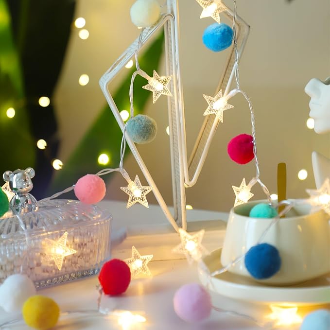 ChiRee Indoor String Lights 6.56 Feet Pom Poms Star Lights 20 LED Battery Operated String Fairy Lights Warm White Star Lights Colorful Decor Lights for Home Bedroom Kids Playhouse Holiday Christmas