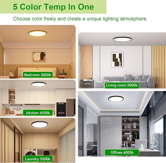 hunhun 12 Pack 3200lm LED Flush Mount Ceiling Light 12 Inch,5CCT Adjustable, Super Slim 0.87 inch led Ceiling Light Fixture for Bedroom, Living Room, Dining Room (Black, 12-Pack)