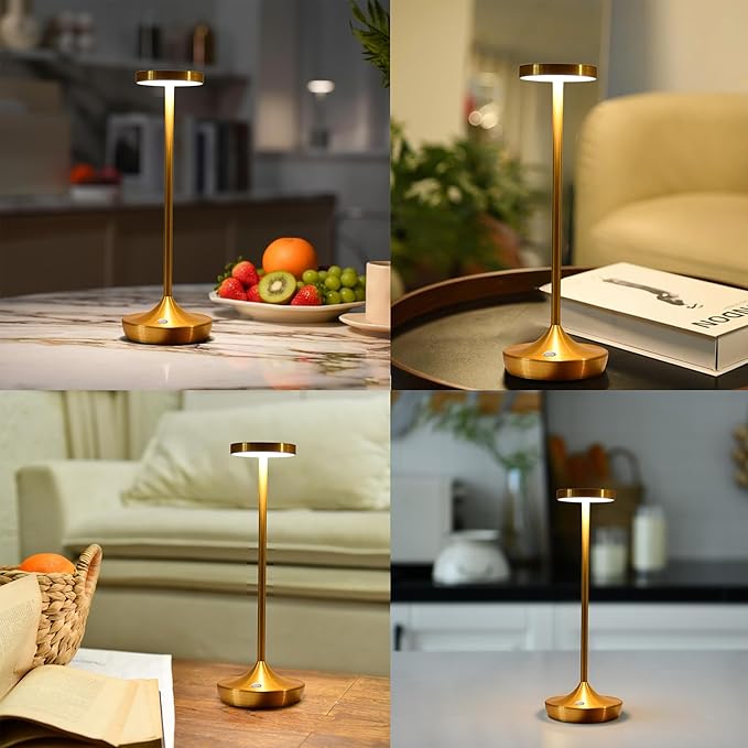 Gold Cordless Table Lamp, Rechargeable 6000mAh Battery LED Desk Lamp, Portable Metal Touch Lamp with 3-Level Dimming, Waterproof Light for Restaurant, Dining Table, Patio, Home Decor (2 Gold)