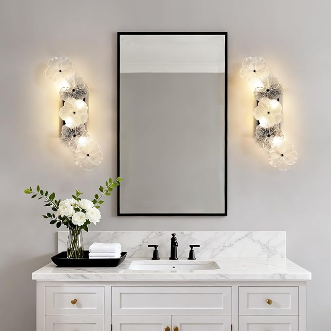 Black Wall Sconce Light 4-Light Modern Sconces Wall Lighting Fixtures with Flower Glass Shade Indoor Bathroom Sconce Wall Lights for Bedroom Living Room Hallway, G9 Base