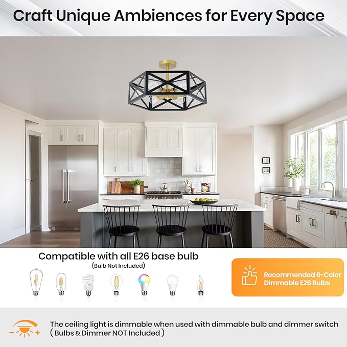 6-Light Semi Flush Mount Ceiling Light Fixture, 19.7" Gold Black Hallway Light Fixtures Ceiling Mount, Modern Close to Ceiling Lighting for Living Room Bedroom Dining Room Kitchen Entry Foyer