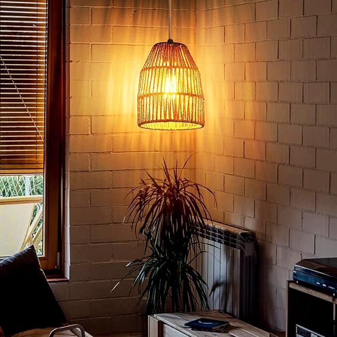 Plug in Pendant Light, Hanging Lights with 15ft Golden Cotton Cord & Stepless Dimming Switch, Handwoven Hemp Rope Lampshade, Boho Hanging Lamp for Bedroom,Hallway (Bulb & 2 Swag Hooks Included)