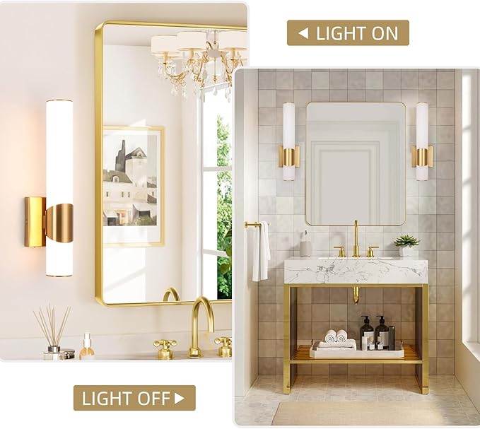 Gold Wall Sconces Set of Two 15 inch 5CCT Dimmable Bathroom Sconce with Acrylic Shade LED Hardwired Wall Light Fixtures for Bathroom Living Room Bedroom Hallway, 2 Pack