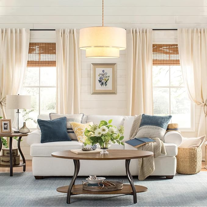 Plug in Pendant Light, 2-Tier Drum Linen Pendant Light with 15ft Hemp Rope Cord, E26 On/Off Switch, 18" Plug in Hanging Chandelier for Dining Room Kitchen, Includes Bulbs