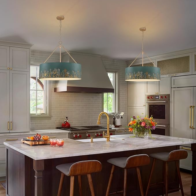 24" Blue Drum Chandelier,6-Light Modern Vintage Pendant Lights with Hand-Brushed Gold Finish,Adjustable Hanging Light Fixture for Dining Room,Kitchen Island,Living Room,Entryway