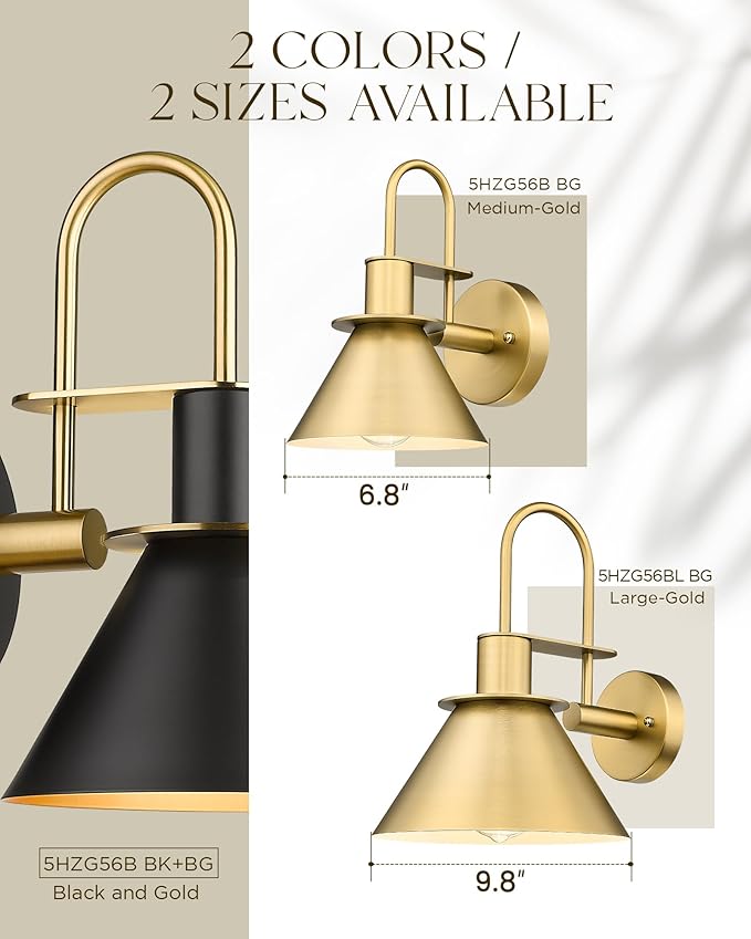 Wall Sconces for Bathroom Set of 2, HWH Wall Mount Lighting with Metal Shade, Indoor Gold Wall Lights for Living Room Mirror Kitchen, Gold Finish, 5HZG56BL-2 BG