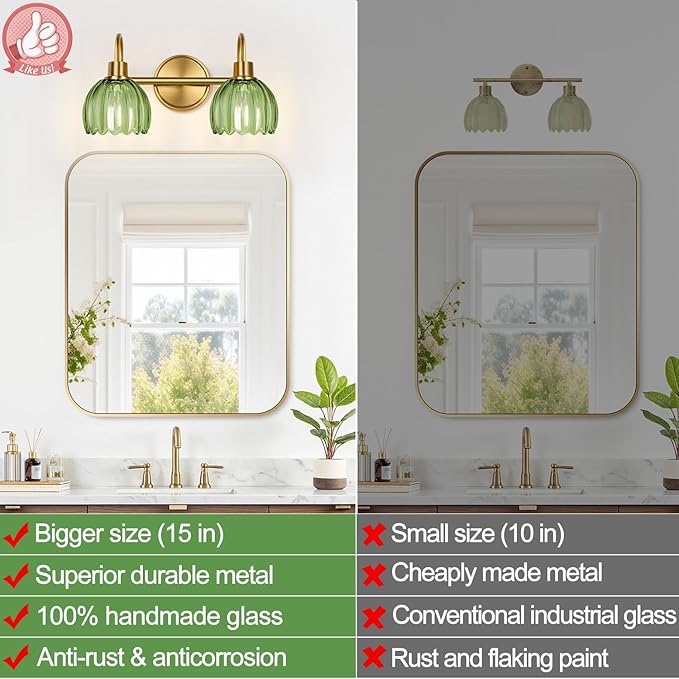 2-Light Bathroom Vanity Light, Brushed Gold Vanity Wall Light Over Mirror with Ribbed Green Tulip Glass Shade, Bathroom Light Fixtures for Bedroom, Living Room, Hallway