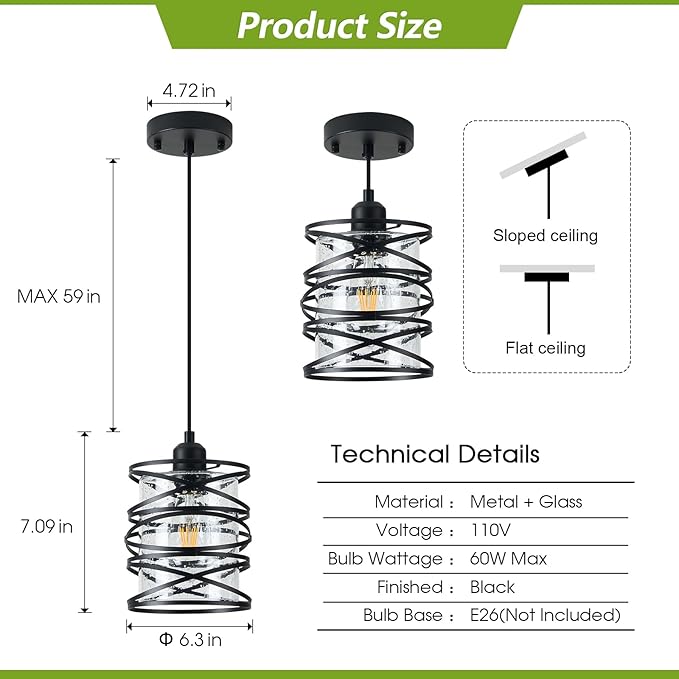 3-Pack Spiral Glass Pendant Lights Kitchen Island Mini Black Pendant Light Modern Metal Cage Handblown Seeded Glass Ceiling Hanging Lamp Adjustable Cord for Dining Room Foyer Hallway, E26