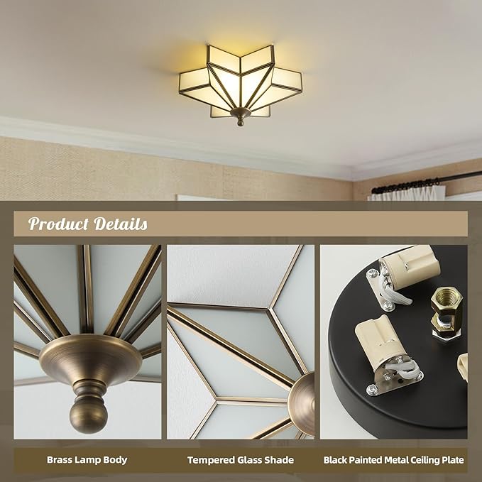 Star Vintage Bronze Ceiling Light - 12.2 Inch Small Milk Glass Antique Flush Mount Fixture - Mid Century Black Art Deco Lighting for Kitchen Hallway Bedroom Bathroom Laundry Entryway Farmhouse Hall