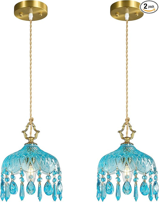 Brass Vintage Pendant Light Blue Crystal Hanging Light Fixtures,Adjustable Height Blue Glass Pendant Lights for Kitchen Island Dining Room Living Room Bedroom Hallway(Blue,2-Pack)