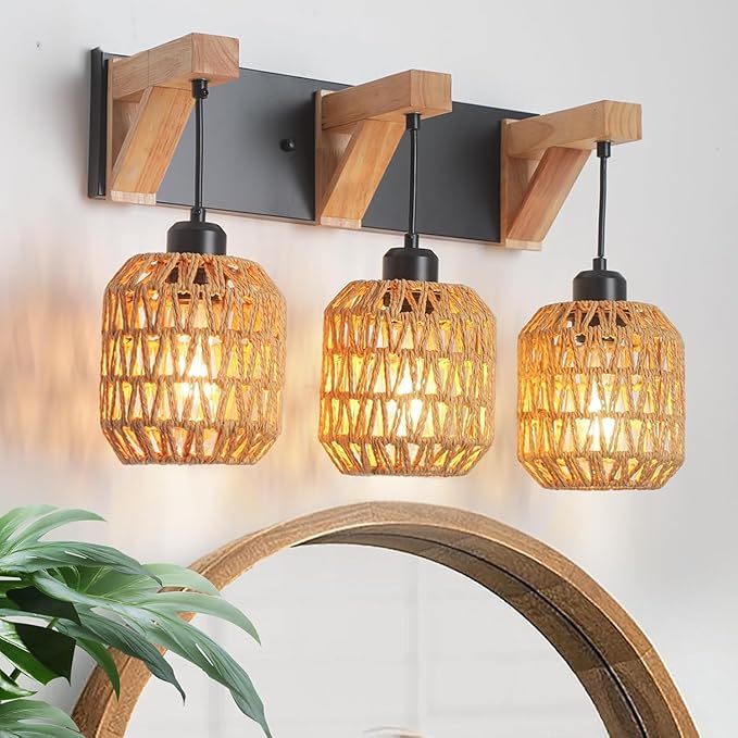 3-Light Bathroom Vanity Light Fixtures, Rustic Style Rattan Bathroom Wall Sconce with Handmade Bamboo Woven Boho Wicker Lampshade, Farmhouse Wooden Bracket, Suit for Stairway Bedroom and Hallway