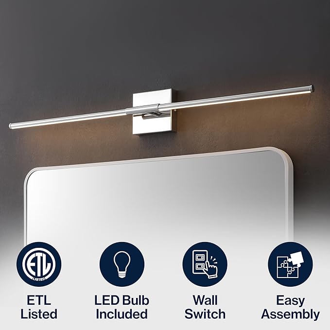 JONATHAN Y 32" Chrome Modern Dimmable Integrated LED Wall Sconce, Minimalist Adjustable Metal Vanity Light for Bathroom Mirror, Bedroom, Hallway, 3000K, ETL Listed (JYL7040A)