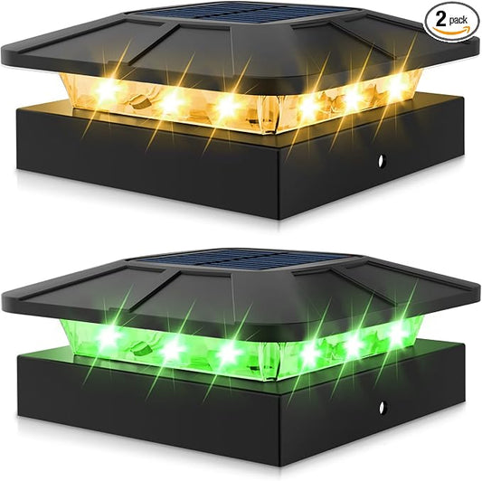 Peasur 2 Packs 4x4 Solar Post Lights Outdoor, Green & Warm White LED Fence Caps Light Waterproof, Wood & Vinyl Post Top Lighting for Deck Mailbox Railing Porch Outside