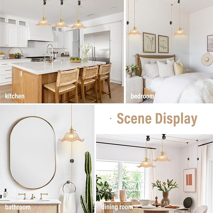 Plug in Pendant Light Vintage 2 Pack, Adjustable Pulley Hanging Lamp with Amber Lily Glass Shade, Brass Hanging Lights with Plug in Cord, Gold Hanging Pendant Light for Bedroom Living Room Kitchen