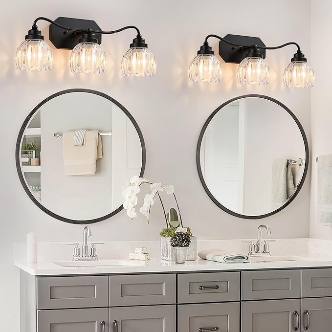 Vintage Bathroom Light Fixtures, 3 Light Bathroom Vanity Light, Black Matte Antique Brass Finish with Crystal Glass Shade, Mid Century Wall Sconces for Bedroom, Living Room, Hallway