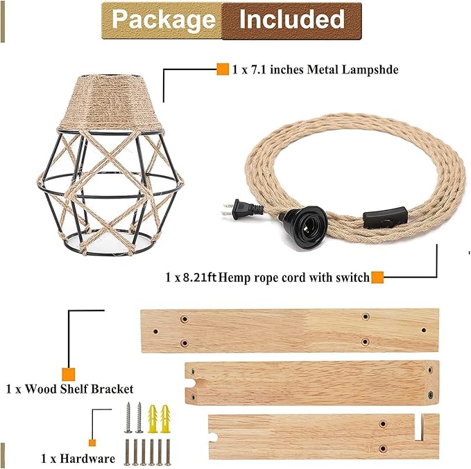 Frideko Wall Lamp with Plug in Cord - Plug in Wall Sconces, Farmhouse Hanging Lamps that Plug into Wall Outlet, Rustic Wall Mount Lamp with Wood Shelf Bracket & Switch Cord for Living Room, Bedroom