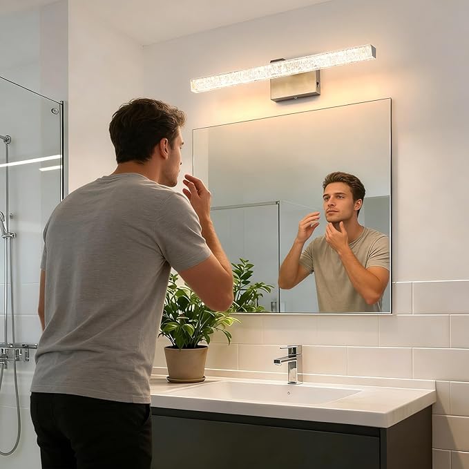 24 Inch LED Vanity Lights for Bathroom, 5CCT Selectable Brushed Nickel Bathroom Light Fixtures Over Mirror, Iceberg Crackle Acrylic Modern Wall Sconce, Dimmable Slim Bar for Mirror Cabinet