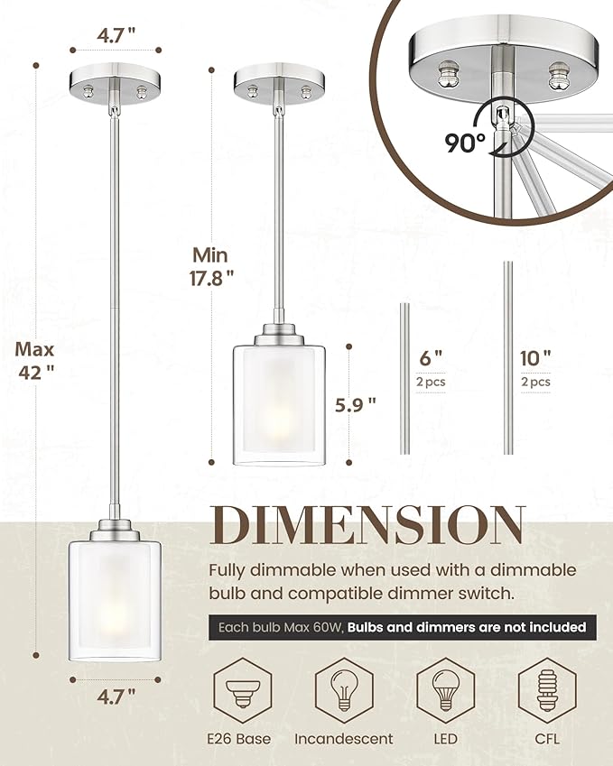 TENGXIN Modern Pendant Light,Brushed Nickel Modern Pendant Light for Kitchen Island,Hanging Ceiling Light Fixture,Farmhouse Pendant Lighting for Dining Room Bedroom Bar Office,TXPLBN02