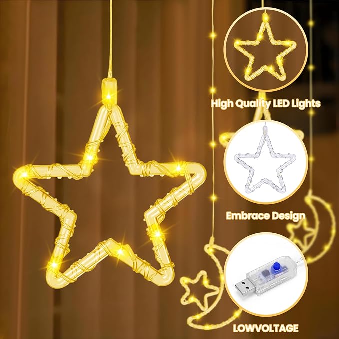 130 LED Star Moon Curtain Decorative Lights, Ramadan Window Curtain Fairy String Lights, Remote Control & USB Plug, 8 Lighting Modes, for Indoor, Home Holiday, Party, Ramadan Decorations