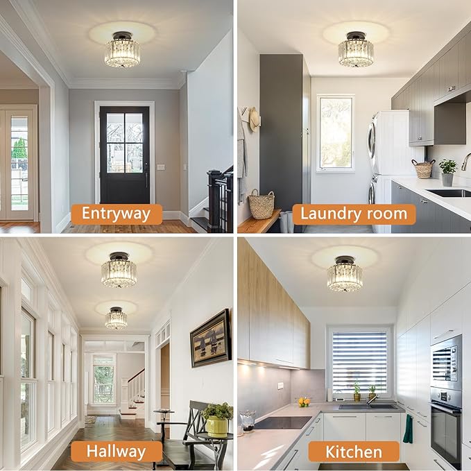 Crystal Ceiling Light, Modern Mini Flush Mount Crystal Chandelier, 8.89 Inch Black Light Fixture, Round Hallway Lighting Fixtures for Kitchen Entryway Laundry Room, 1-Light