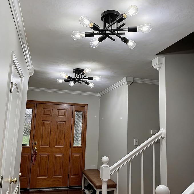 6-Light Semi Flush Mount Ceiling Light Fixture, Modern Black Sputnik Chandelier Lighting for Dining Room, Kitchen, Bedroom, Living Room, Farmhouse Industrial Ceiling Light with E26 Sockets