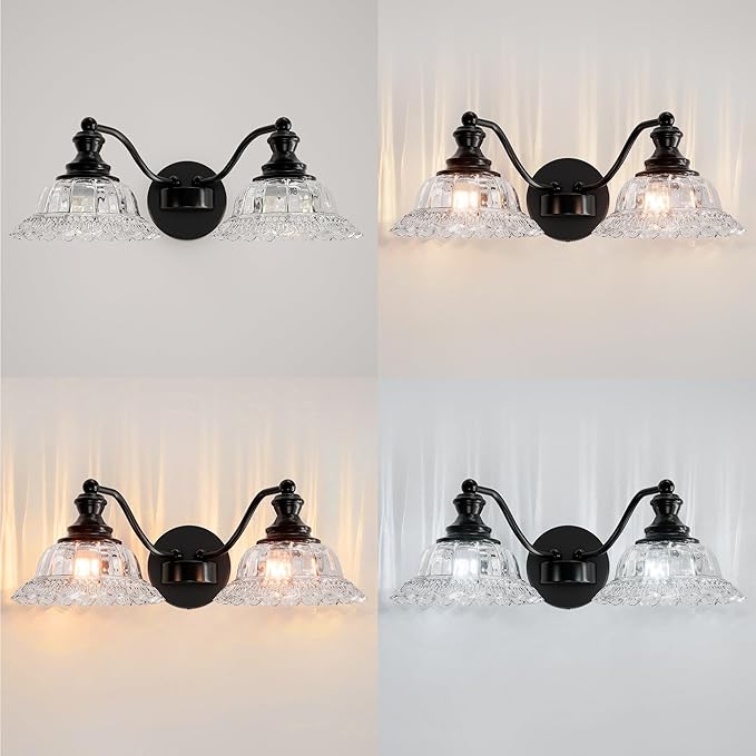 Espird 2 Lights Bathroom Vanity Light Fixtures, Vintage Black Vanity Lights for Bathroom, Farmhouse Antique Light Fixtures Over Mirror with Crystal Glass Shade