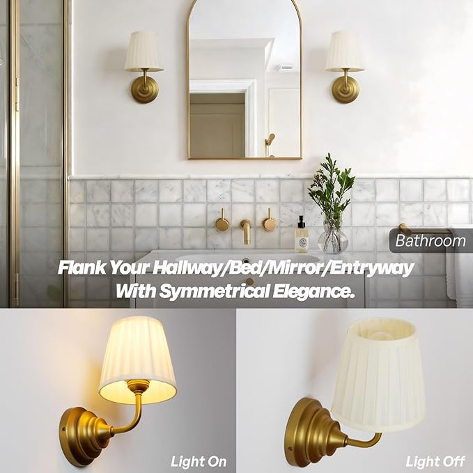 Vintage Gold Wall Sconce Light Brass Bathroom Vanity Light with Cream Fabric Shade Hardwire Modern Wall Sconces Lamp for Bedroom Living Room Bathroom Kitchen Indoor E26