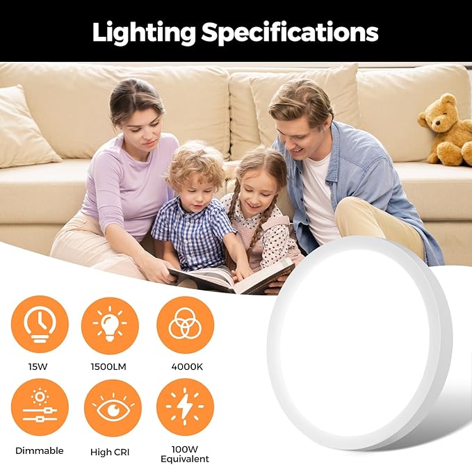 7Inch Flush Mount LED Ceiling Lights 100W Equivalent 4000K Natural White, 15W 1500LM Dimmable Flat Surface Mount Ceiling Light, Small Round Light Fixtures for Closet Basement Hallway Kitchen, 1 Pack