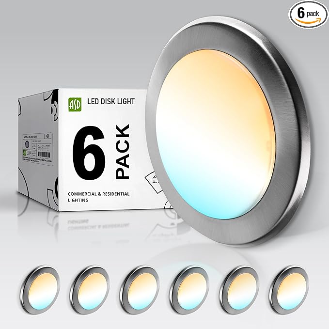 ASD 6 Pack LED Disk Lights 6 Inch, 15W 5CCT 2700K-5000K 1245LM CRI90+, Dimmable Flush Mount Ceiling Light Fixture, Low Profile Surface Mount Disc Lights, Junction Box or Recessed Can Install, UL