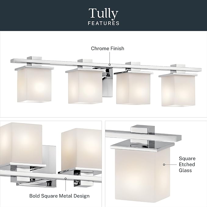 Kichler Tully 32" Vanity Light in Chrome, 4-Light Modern Bathroom Light with Satin Etched Cased Opal Glass, (32" W x 6.5" H), 45152CH