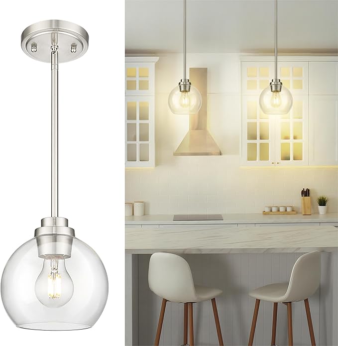 Pendant Lights Kitchen Island, 7" Modern Brushed Nickel Hanging Lights Fixtures with Clear Glass Globe Shade, Kitchen Island Lighting for Bathroom, AD-22280-1P-SN-C