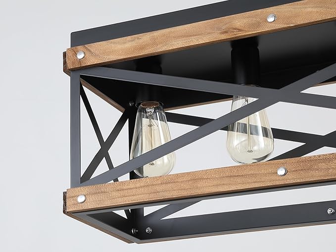 Rustic Farmhouse Wood Kitchen Island Lighting, 4 Lights Rectangular Pendant Light Fixture, Adjustable Chain Oak Wood and Metal Linear Chandelier for Dining Room Kitchen Island Farmhouse, Black