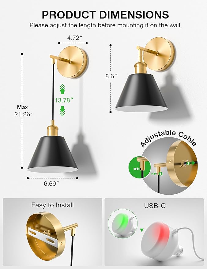 NIORSUN Gold & Black Battery Operated Wall Sconce Set of 2, 5200mAh Dimmable Detachable Bulbs and Remote Wireless Rechargeable Wall Lights, 9 Colors Sconces Wall Decor for Bedroom Living Room Hallway