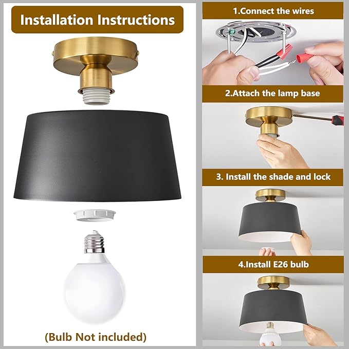 Modern Semi Flush Mount Ceiling Light,Metal Light Fixture,E26 Ceramic Lamp Head,Black and Gold Ceiling Lamp for Hallway Kitchen Entryway Bedroom Laundry Room (10Inch)